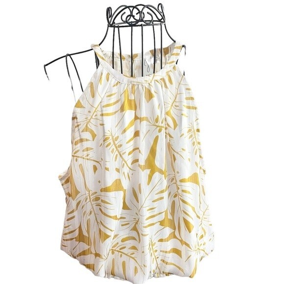 Joie Boho Palm Leaf Print Silky Blouse Gold White Smocked Waist Halter Size L - Picture 1 of 10